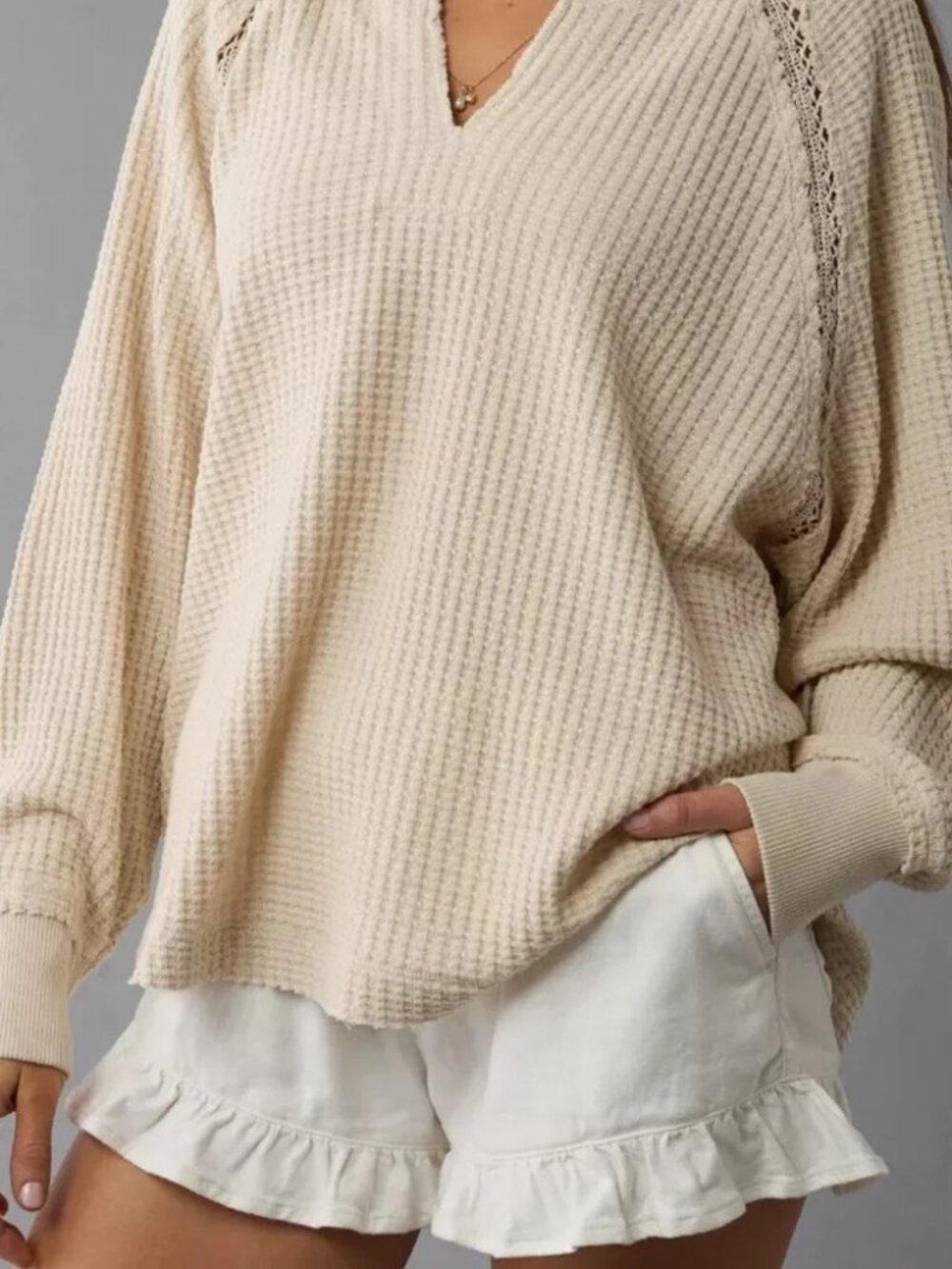 American Eagle Big Hug Waffle Knit Sweatshirt in Latte